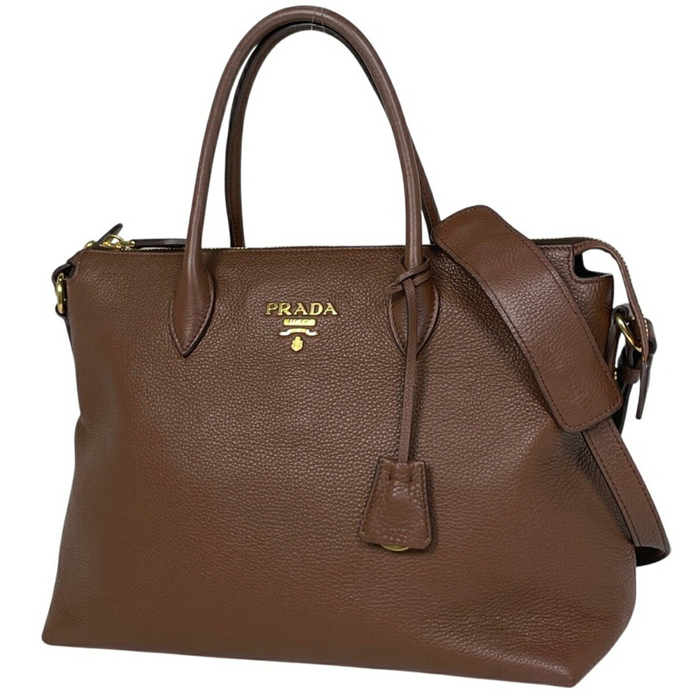 Prada Logo Handbag Shoulder Bag Leather Brown